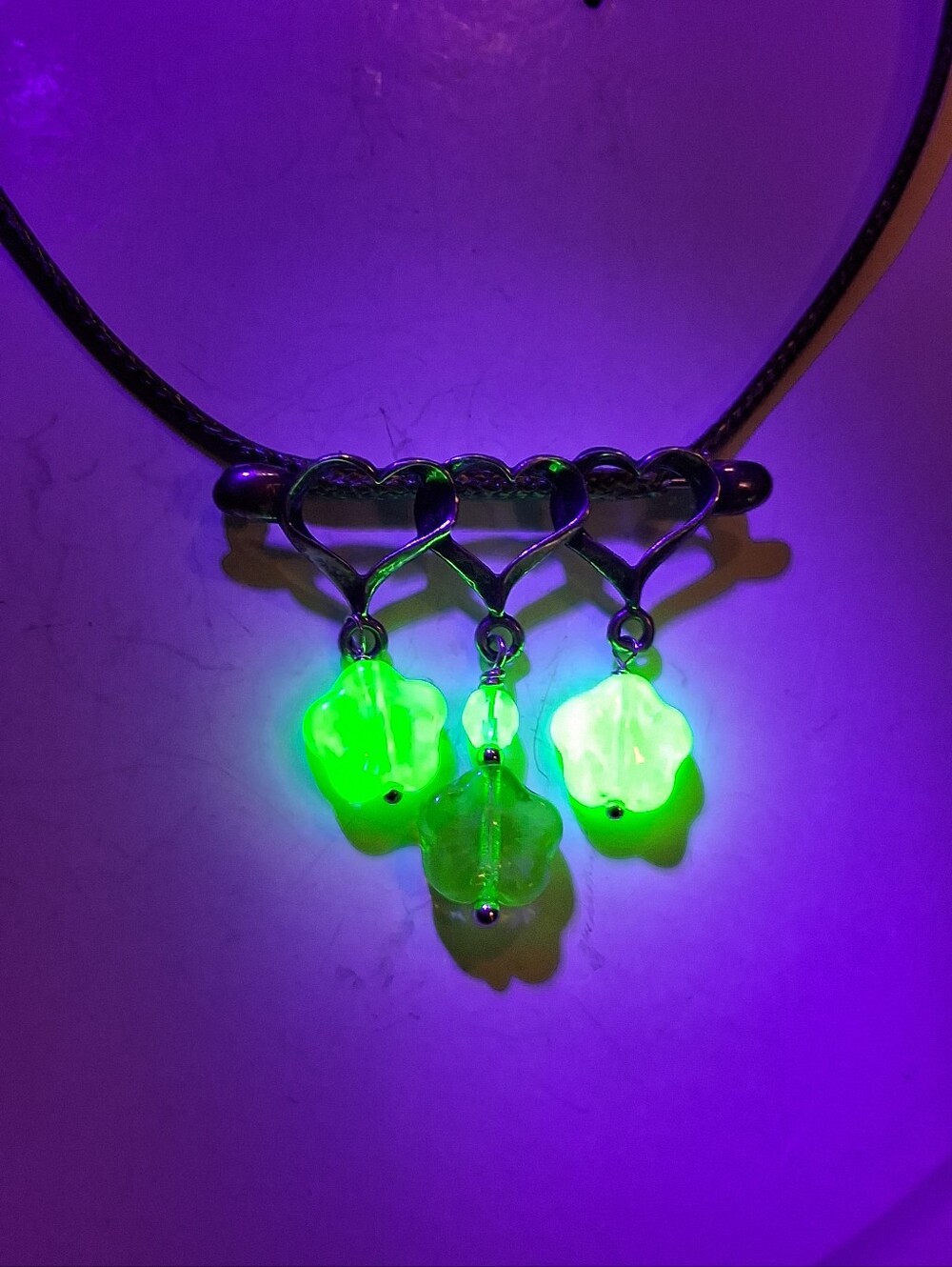 Sterling Silver Brooch, On Silver-colored 18" cord, W Uranium Glass Flower Beads